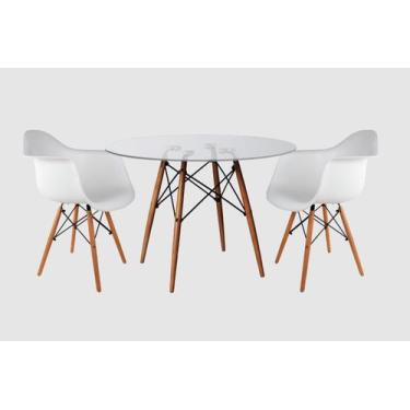 Imagem de Conjunto De Mesa 2 Poltronas Brancas Eames 90 Cm Base Madeira Tampo de