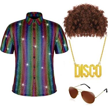 Imagem de 4 peças de fantasia masculina discoteca dos anos 70, fantasia hippie incluindo lantejoulas, manga curta, camisas brilhantes, colar dourado, óculos de sol descolados, Multicor, GG