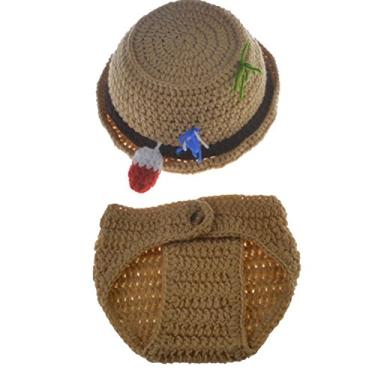 Imagem de Fantasia de pescador para fotografia de crochê feito à mão para bebês recém-nascidos, fralda de chapéu de peixe