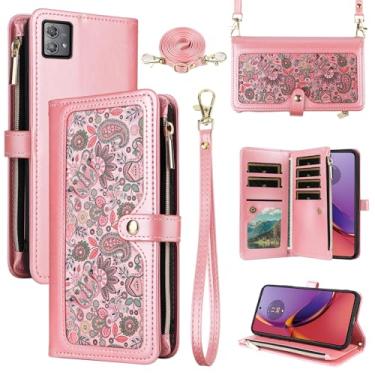 Imagem de Dswteny Capa carteira floral para Motorola Moto G84 5G com alça de ombro, zíper de couro PU, suporte para cartão de crédito, acessórios para celular G 84 2023 feminino masculino rosa