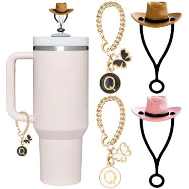 Imagem de ANLABESY Compatível com acessórios Stanley Cup, 2 peças de topo de palha de silicone para tampa de canudo Stanley Cup, 2 peças de pingentes fofos de letras para Stanley Copo com alça de 30 g e 1,134 g