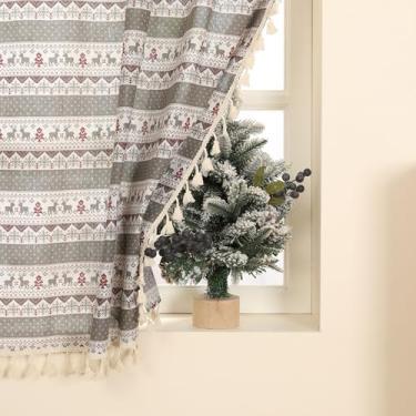 Imagem de Cortinas de Natal listradas semitransparentes para sala de estar de 152 cm de comprimento, painéis de cortina de janela curta com estampa de veado cinza com bolso de borla, cortinas de quarto de