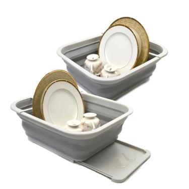 Imagem de SAMMART Escorredor de pratos dobrável com placa de drenagem – Conjunto de prateleira de secagem dobrável – Organizador de louça portátil – Bandeja de armazenamento de cozinha para economia de espaço, Cinza, 2