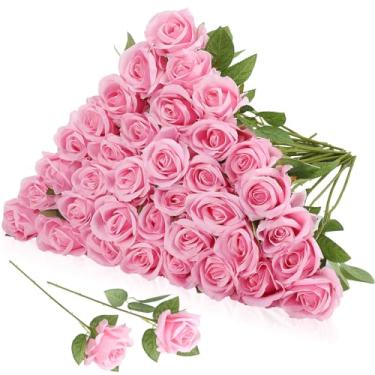 Imagem de Hoemwarm 36 peças de flores artificiais de noiva, rosa falsa, haste longa, flores artificiais realistas, volume para buquê de casamento, arranjo de bolas, decoração de festa (rosa)