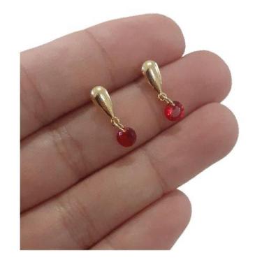 Imagem de Brinco Infantil Pendurado Pedra Zirconia Dourado Vermelho - De Castro 
