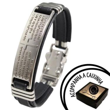 Imagem de Pulseira Masculina Feminina Pai Nosso Crucifixo Couro Preto - Granado 