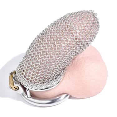 Imagem de Gaiola de castidade para homens Gaiola de pênis de aço inoxidável com corrente de malha oca Gaiola de pênis com espigão anti-fuga Cinto de castidade para homens Anel curvo de brinquedo sexual(Curved R