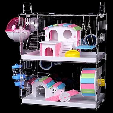 Imagem de DuvinDD Gaiola de hamster de 2 camadas com tubos de túnel Crossover, gaiola de animais pequena e durável transparente e casa de habitats, inclui roda de exercícios, garrafa de água, esconderijo de hamster, tigela de comida
