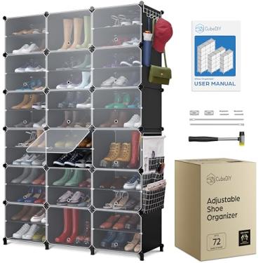 Imagem de CUBEDIY Armário organizador de sapatos até 72 pares, sapateira portátil fechado com porta transparente (transparente, plástico, empilhável) - organizador de sapatos com capas com ganchos e bolsos, preto