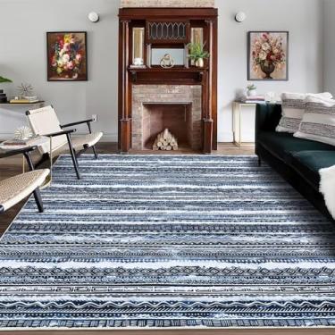 Imagem de WESTLOOM Tapete de área 9x12 Tapete Boho envelhecido Vintage Tribal Medalhão Grande Tapete Antiderrapante Lavável Tapete Destaque para Sala de Estar Sala de Jantar Escritório, Azul/Branco