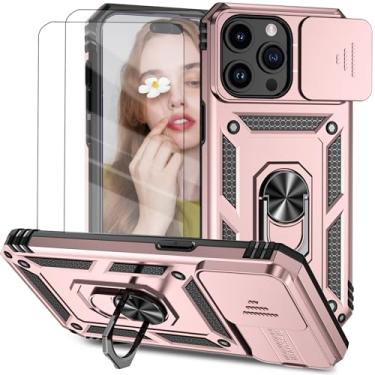 Imagem de Capa para iPhone 15 Pro Max Capinha | com 2 peças de protetor de tela temperado com janela deslizante da câmera e suporte para telefone incluídos - Rosa