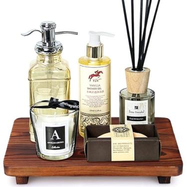 Imagem de Bandeja de balcão de banheiro de fazenda, suportes de exibição de madeira, bandejas de bancada de cozinha, suporte decorativo para dispensador de sabonete, acessórios para pia de banheiro, suporte de