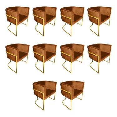 Imagem de Kit 10 Poltronas Decorativa Sala De Estar Base De Ferro Dourada Veludo Terracota Laranja