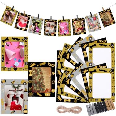 Imagem de 100 porta-retratos de papel para porta-retratos de 10 x 15 cm com 100 clipes, kit de 10 cordas, exibição de papelão para pendurar fotos de Natal, casa, escritório, volta às aulas (preto, prata, ouro,