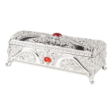 Imagem de GRCFUMO Caixa de joias de metal vintage, caixa de armazenamento de joias retangular de liga delicada, caixa de baú de tesouro com veludo macio para anéis e brincos (Silver)