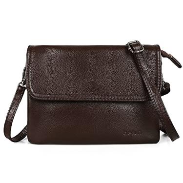 Imagem de befen Bolsa transversal feminina de couro legítimo, bolsa transversal para celular, zíper prateado, Café médio, 8 x 6 x 1.2 inches