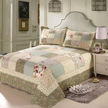 Imagem de Conjunto de colcha acolchoada floral de 3 peças com 2 fronhas reversíveis, patchwork, leve, conjunto de cama para todas as estações (verde, Queen) (floral Queen (231 x 248 cm))