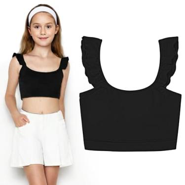 Imagem de ZukoCert Sutiã de treinamento para meninas, lindo sutiã esportivo com babados para crianças, tops de dança atlética, tops cropped de ioga, regata (idade 4-10 anos), Preto, 9-10 Anos