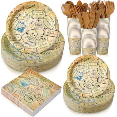 Imagem de Yungyan Conjunto de 252 peças de pratos e guardanapos de viagem ao redor do mundo, decorações de festa temáticas descartáveis de viagem, guardanapos de papel, pratos, copos, facas, garfos, aventura