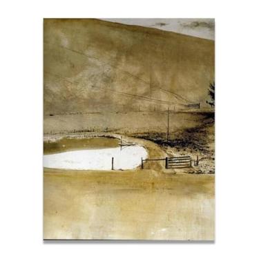 Imagem de LKXGRRSFG Impressão em tela de Andrew Wyeth Fence In The Distance - Arte de realismo americano, pintura em aquarela e têmpera de ovo para decoração de casa 20 x 26 cm
