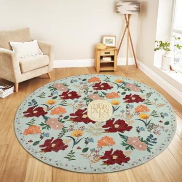 Imagem de ROTTOGOON Tapete redondo 1,2 m lavável círculo macio tapete floral com revestimento de borracha resistente a manchas antiderrapante tapetes boêmios para quarto, banheiro, entrada, quarto de crianças,