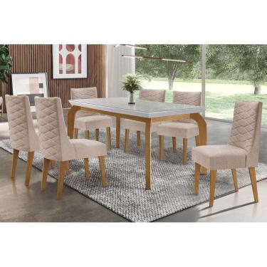 Imagem de Sala de Jantar Completa Londrina Tampo Madeirado c/ Vidro 180x90cm e 6 Cadeiras Dafne Capuccino/Linho Bege Turim - Rufato