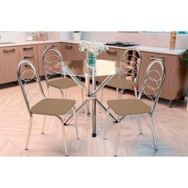 Imagem de Kit 4 Cadeiras Sala Jantar Volga c/ Tampo de Vidro 95cm e 4 Cadeiras Holanda Cromada - Courano Capuccino - Kappesberg