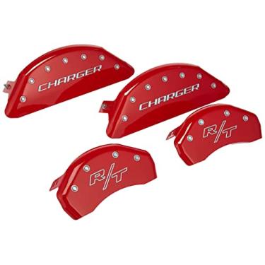 Imagem de MGP Caliper Covers Capas de freio vermelhas 12162SCHRRD para Dodge Charger 2011-2020 (calibre frontal de pistão duplo) gravadas com carregador/R/T (capas frontais/traseira; conjunto com 4)