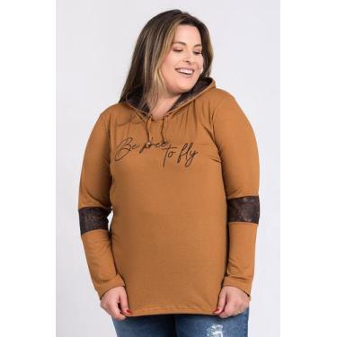 Imagem de Blusa Feminina Plus Size Manga Longa Estampada "Be free to fly" Capuz 