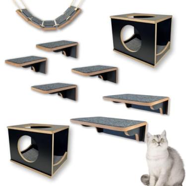 Imagem de Playground Para Gatos 9Pçs Acabamento Premium Já Montado Com Kit Fixação e Carpete Antiderrapante (Preto)