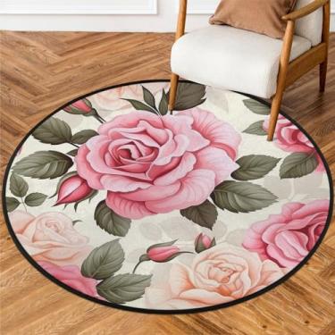 Imagem de YPPAHHHH Tapete redondo rosa rosa 1,5 m primavera flor antiderrapante tapete macio lavável tapete de chão para quarto, sala de estar, interior e exterior, berçário