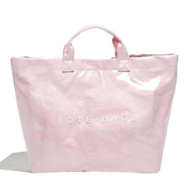 Imagem de LIERWOI Sacola de PVC feminina de papel kraft grande, bolsa de papel moderna, com estampa de letras, alça superior, rosa, One Size