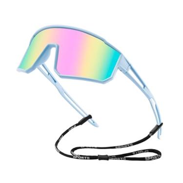 Imagem de KesaPlan Óculos de sol polarizados de beisebol infantil para meninos e meninas, óculos de sol esportivos juvenis para crianças de 6 a 14 anos, softball, ciclismo, Armação azul B5/Lente espelhada rosa