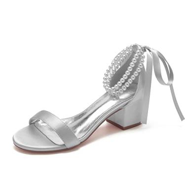Imagem de Sapatos femininos de casamento pérola para noiva - salto baixo cetim para festa de formatura 702-27, Prata, 38