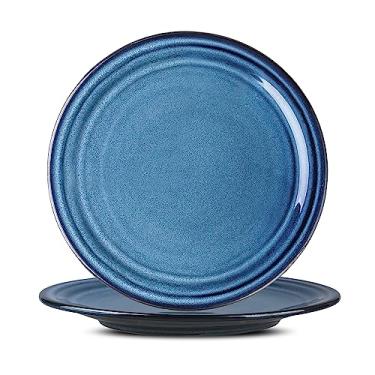 Imagem de Hasense Conjunto de pratos de jantar de cerâmica de 5,5 cm, pratos grandes de porcelana para massas e saladas, conjunto de pratos de grés azul para micro-ondas, forno e lava-louças