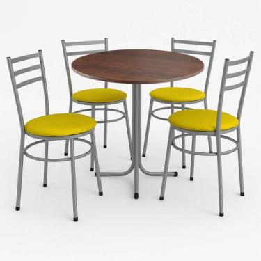 Imagem de Mesa de Jantar Redonda 80cm Imbuia Com 4 Cadeiras Estofada Cinza - Lam