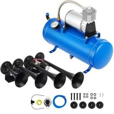 Imagem de GarveeTech Kit de buzina de trem de 4 trompetes, kit de buzina de ar de caminhão 150 DB com tanque de 1,6 galão e compressor de ar de 150 PSI, buzinas de trem para caminhonete, carro, motocicleta