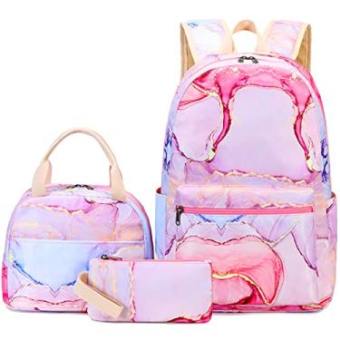 Imagem de Mochila escolar para meninas adolescentes, mochila escolar com lancheira e estojo 3 em 1 conjunto de bolsas escolares, rosa, G