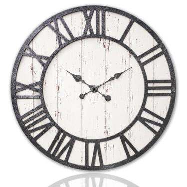 Imagem de NELONY Relógio de parede grande para casa de fazenda, relógio de parede de madeira com algarismos romanos rústicos de 61 cm para sala de estar, operado por bateria, silencioso (prata e preto)