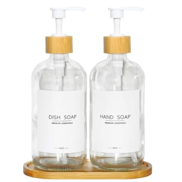 Imagem de Conjunto de dispensador de sabão de vidro luxuoso – 2 garrafas recarregáveis de 500 ml, bomba e bandeja de bambu para casa de fazenda e decoração moderna, 9 etiquetas à prova d'água para cozinha