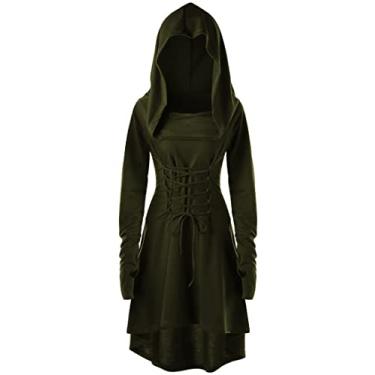 Imagem de FEOYA Vestido de moletom feminino com capuz medieval alto baixo robe steampunk gótico manga longa vestidos renascentistas, B Verde, M