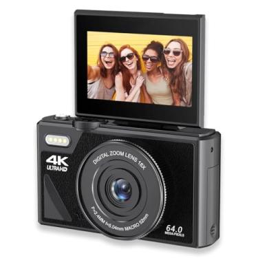 Imagem de Câmera digital, zoom de 18x, antivibração, 64 MP e câmera UHD 4K com cartão de memória de 256 GB, tela de 3 polegadas para meninos meninas e crianças (preto)