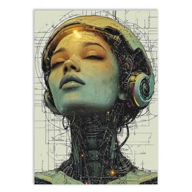 Imagem de Placa Decorativa Mulher Ciborgue Cyberpunk Ilustração Decoração Poster Quarto Sala