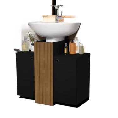 Imagem de Gabinete Armário Banheiro Pia De Coluna 2 Portas (Preto/Ripado)