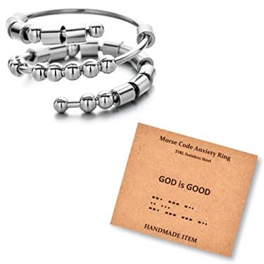 Imagem de LNIEER Anéis de código Morse para mulheres e homens, presentes inspiradores engraçados, de aço inoxidável, anel fidget para ansiedade, ansiedade, com contas, anel giratório, anel fidget para mensagens, presentes de amizade, joias, presentes de aniversário, Aço inoxidável, Sem pedra preciosa