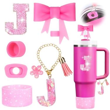 Imagem de Mity rain 6 peças de acessórios de copo rosa para Stanley Cup 850 g 1,134 g - Decoração de iniciais de copo para Stanley, incluindo tampa e bota de palha de silicone, tampa à prova de derramamento