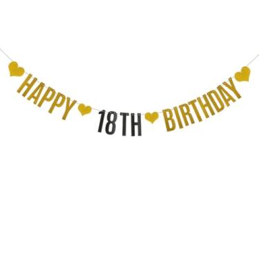 Imagem de HAPPY Banner de aniversário de 18 anos, pré-amarrado, decorações de festa com glitter de papel dourado para 18º aniversário suprimentos letras ouro ZHAOFEIHN