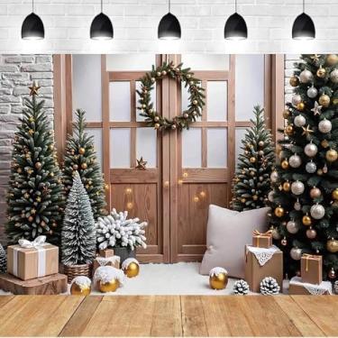 Imagem de Árvore de Natal, presente de neve, parede, fundo de festa, suprimentos para a família, faixa de estúdio de madeira, porta de casa com guirlanda, árvore de Natal, fundo de neve, adulto, crianças