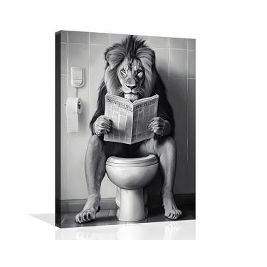 Imagem de OWNANRTHM Tela de banheiro leão arte de parede animal engraçado banheiro arte de parede leão no vaso sanitário imagens de banheiro preto e branco para banheiro parede emoldurada 61 x 76 cm
