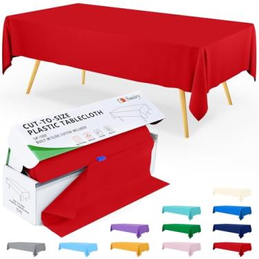 Imagem de Smiry Rolo de toalha de mesa descartável de 137 cm x 300 metros, toalha de mesa de plástico vermelho em caixa cortada no tamanho com cortador deslizante, toalhas de mesa retangulares impermeáveis para